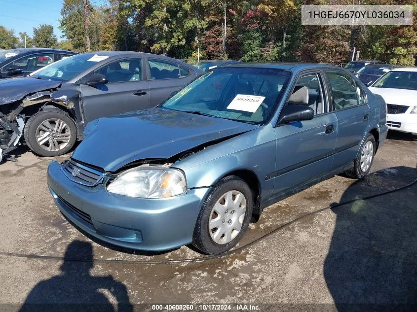 2000 Honda Civic Lx VIN: 1HGEJ6670YL036034 Lot: 40608260