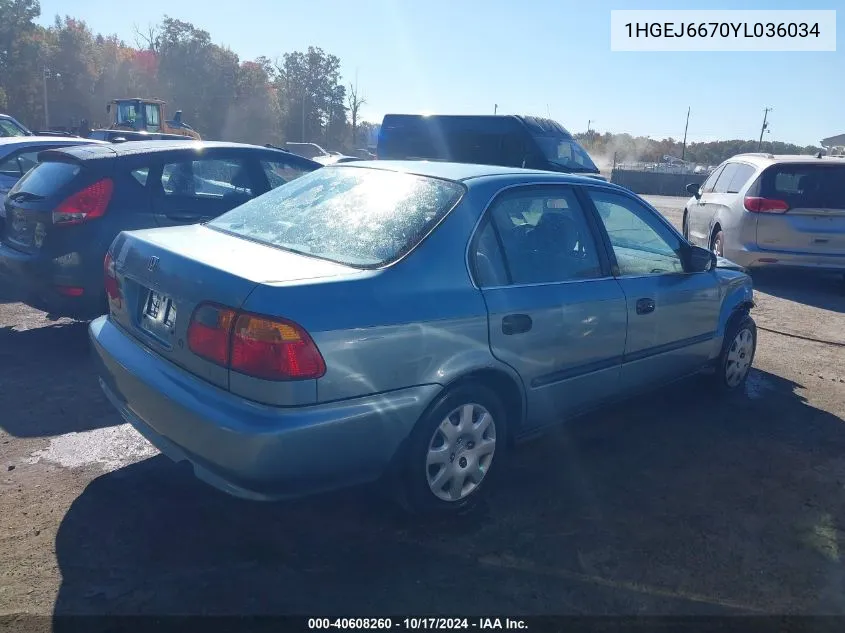 2000 Honda Civic Lx VIN: 1HGEJ6670YL036034 Lot: 40608260