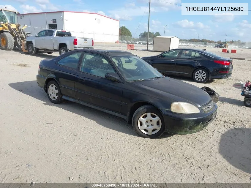 2000 Honda Civic Ex VIN: 1HGEJ8144YL125680 Lot: 40758490