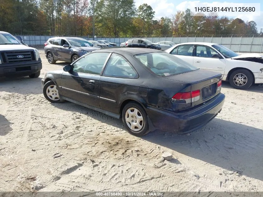 2000 Honda Civic Ex VIN: 1HGEJ8144YL125680 Lot: 40758490