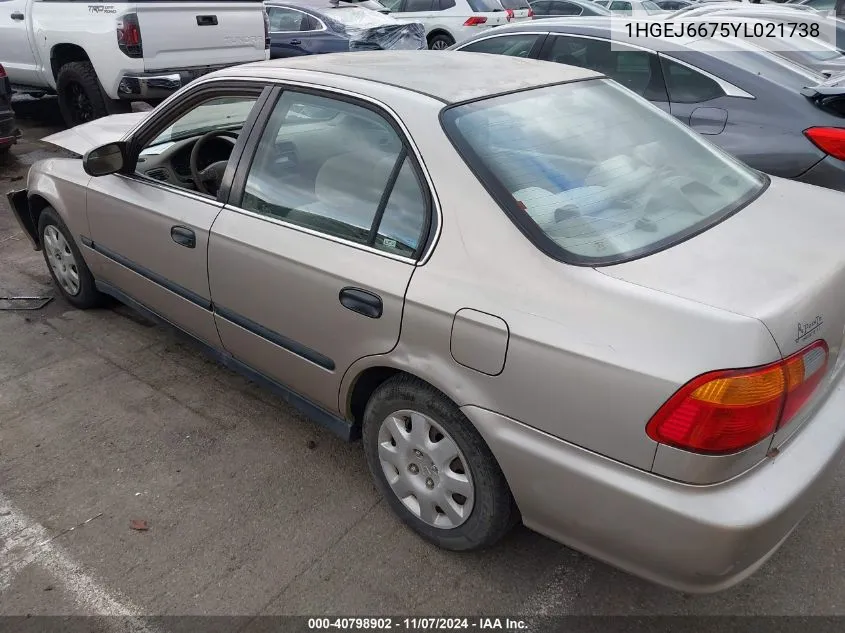 2000 Honda Civic Lx VIN: 1HGEJ6675YL021738 Lot: 40798902