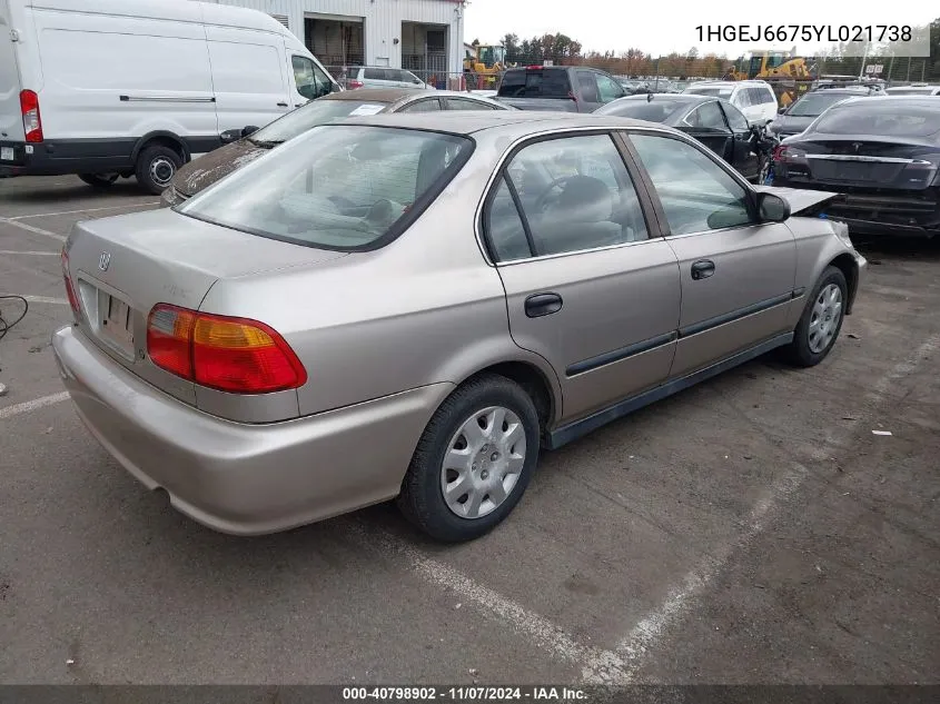 2000 Honda Civic Lx VIN: 1HGEJ6675YL021738 Lot: 40798902