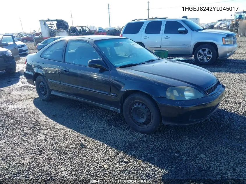 2000 Honda Civic Ex VIN: 1HGEJ8242YL045017 Lot: 40813111