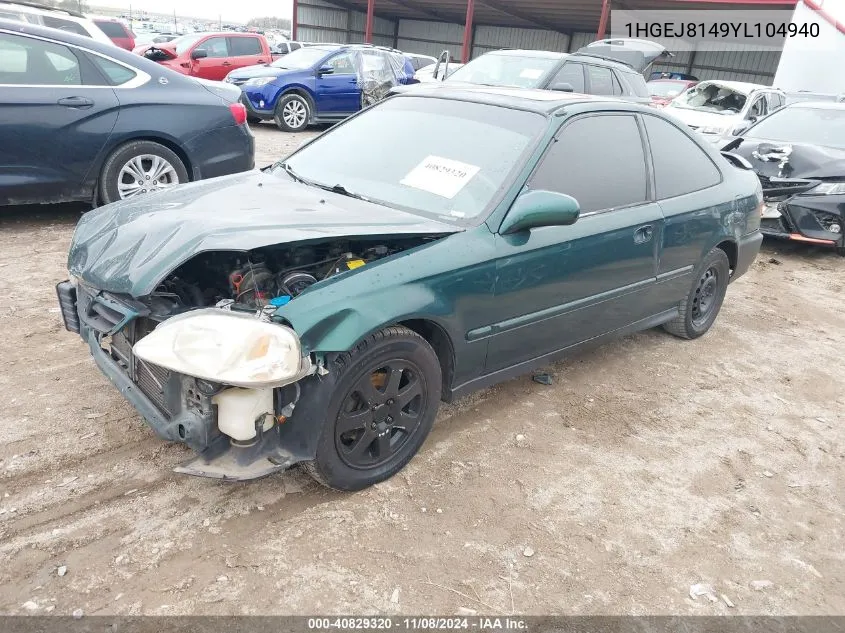 2000 Honda Civic Ex VIN: 1HGEJ8149YL104940 Lot: 40829320