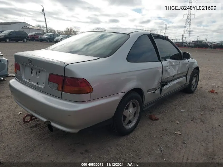 2000 Honda Civic Ex VIN: 1HGEJ8240YL021699 Lot: 40830078