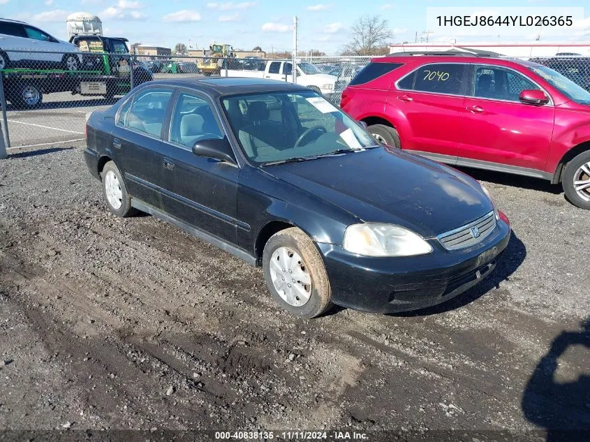 2000 Honda Civic Ex VIN: 1HGEJ8644YL026365 Lot: 40838135