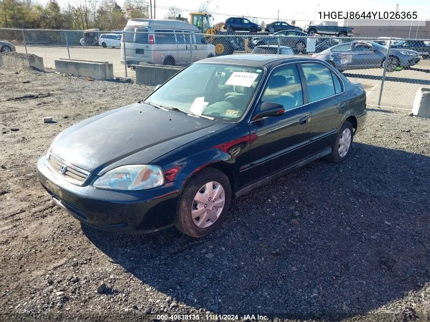 2000 Honda Civic Ex VIN: 1HGEJ8644YL026365 Lot: 40838135