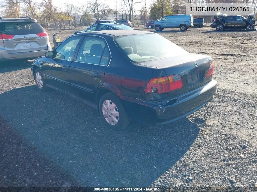 2000 Honda Civic Ex VIN: 1HGEJ8644YL026365 Lot: 40838135