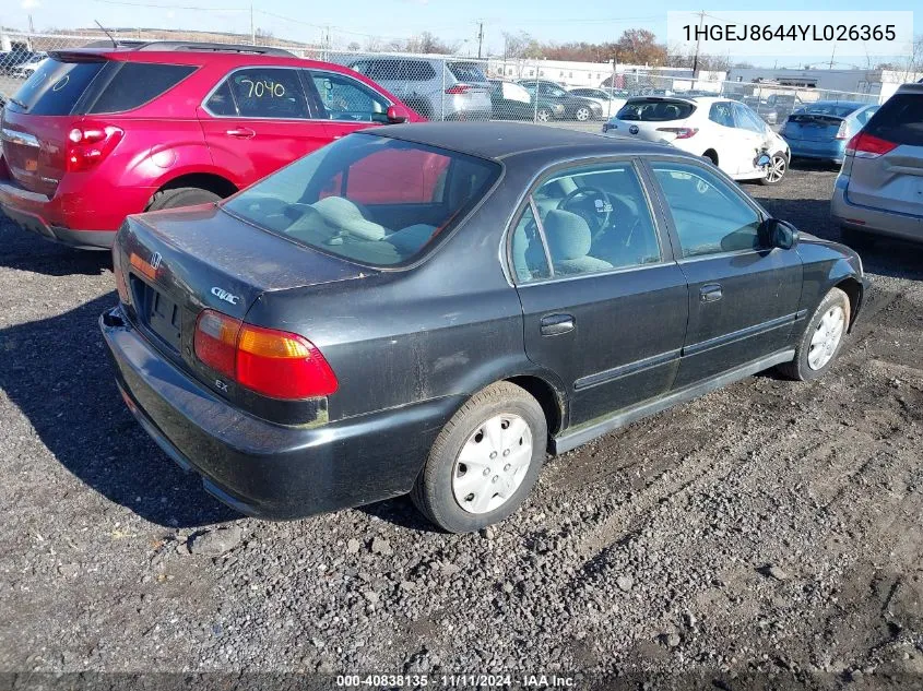 2000 Honda Civic Ex VIN: 1HGEJ8644YL026365 Lot: 40838135