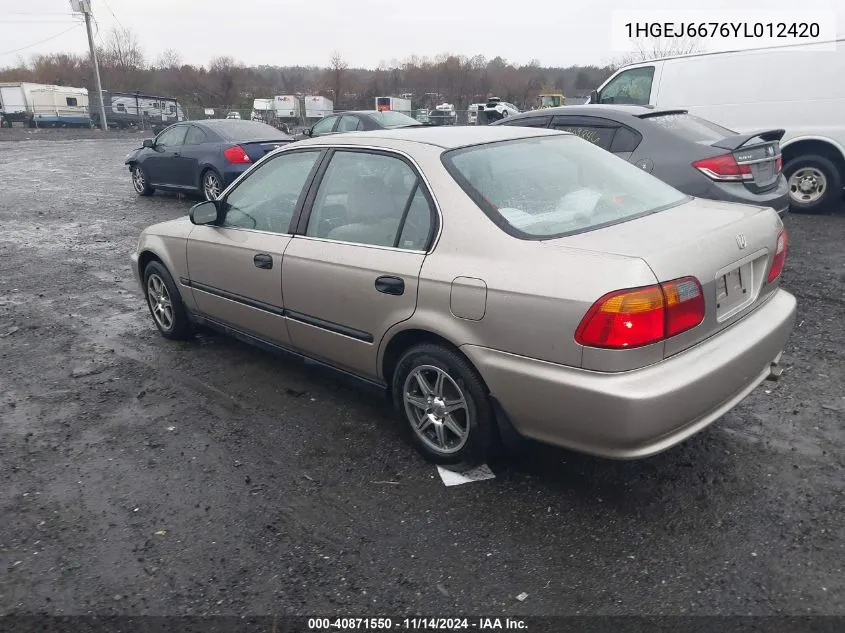 2000 Honda Civic Lx VIN: 1HGEJ6676YL012420 Lot: 40871550