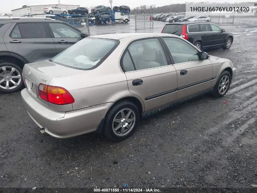 2000 Honda Civic Lx VIN: 1HGEJ6676YL012420 Lot: 40871550