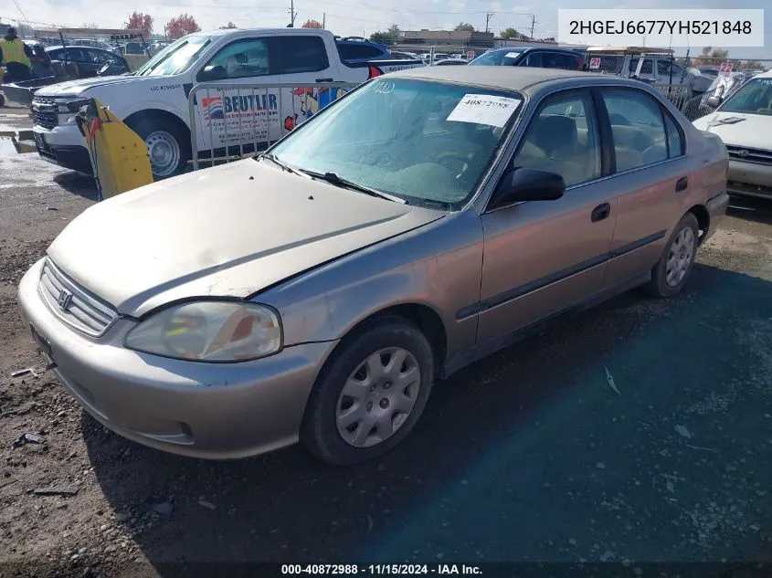 2000 Honda Civic Lx VIN: 2HGEJ6677YH521848 Lot: 40872988