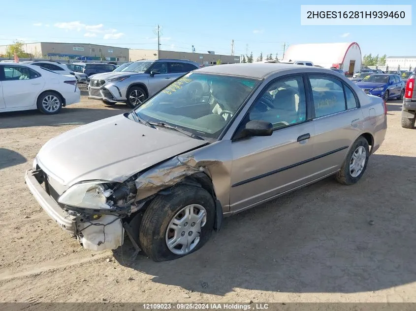 2001 Honda Civic VIN: 2HGES16281H939460 Lot: 12109023