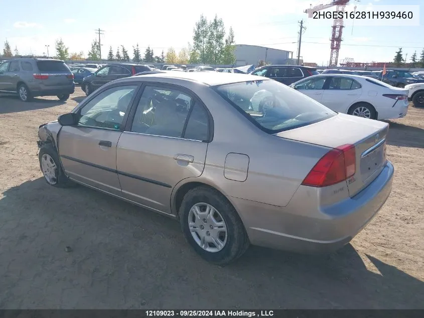 2001 Honda Civic VIN: 2HGES16281H939460 Lot: 12109023