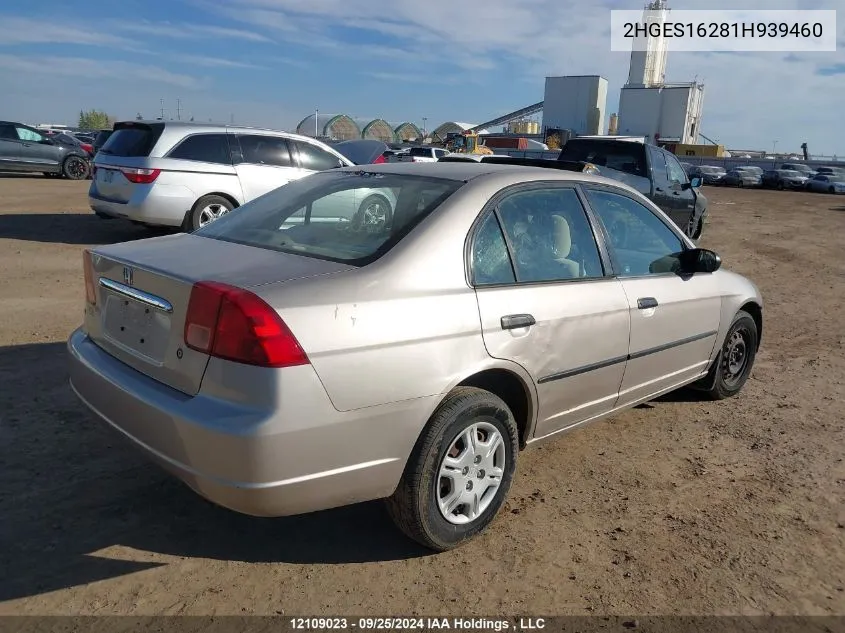 2001 Honda Civic VIN: 2HGES16281H939460 Lot: 12109023