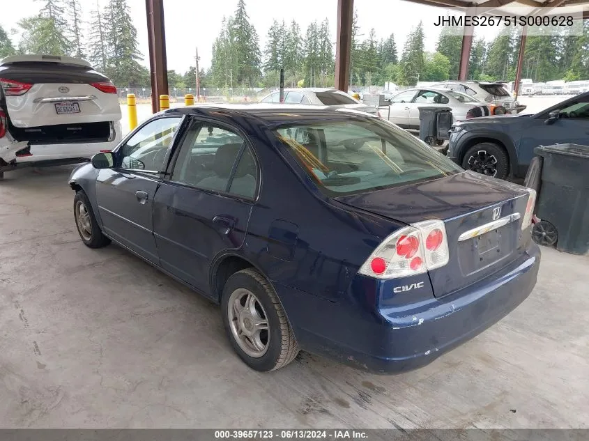 2001 Honda Civic Ex VIN: JHMES26751S000628 Lot: 39657123