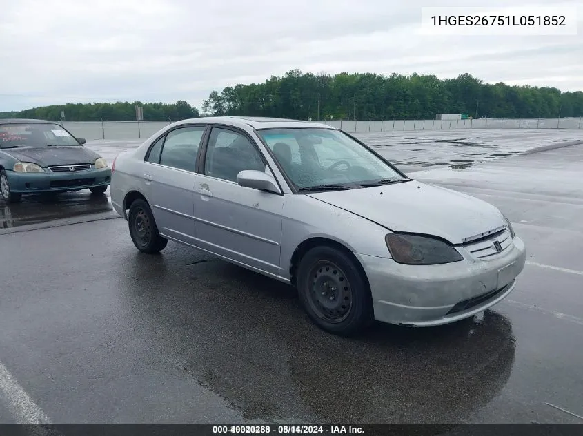 2001 Honda Civic Ex VIN: 1HGES26751L051852 Lot: 40020288