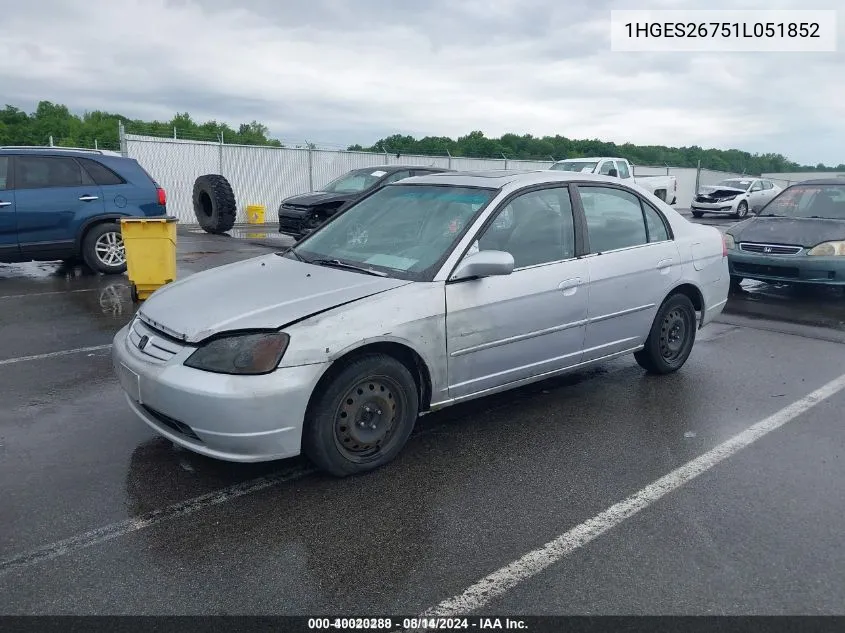 2001 Honda Civic Ex VIN: 1HGES26751L051852 Lot: 40020288