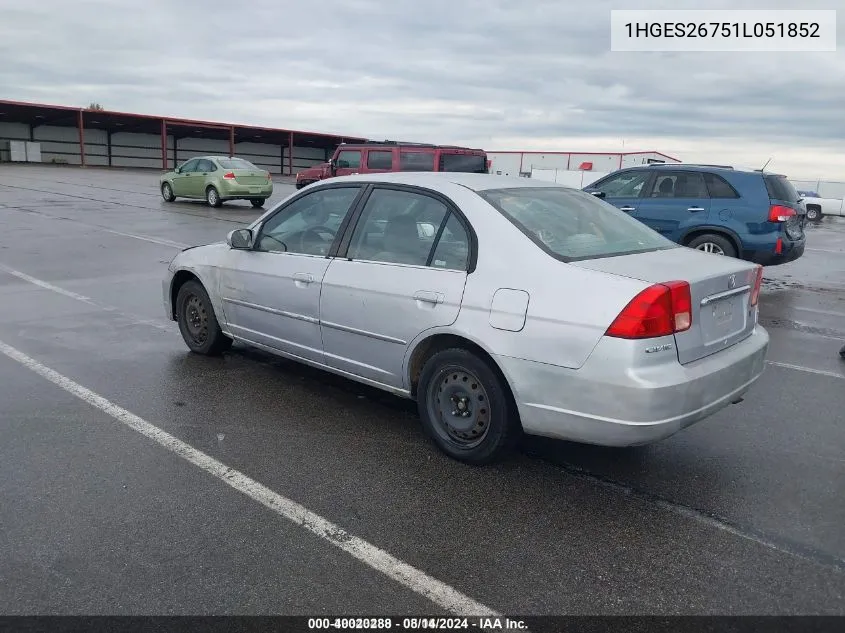 2001 Honda Civic Ex VIN: 1HGES26751L051852 Lot: 40020288