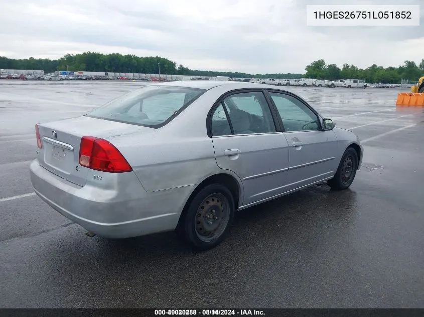 2001 Honda Civic Ex VIN: 1HGES26751L051852 Lot: 40020288