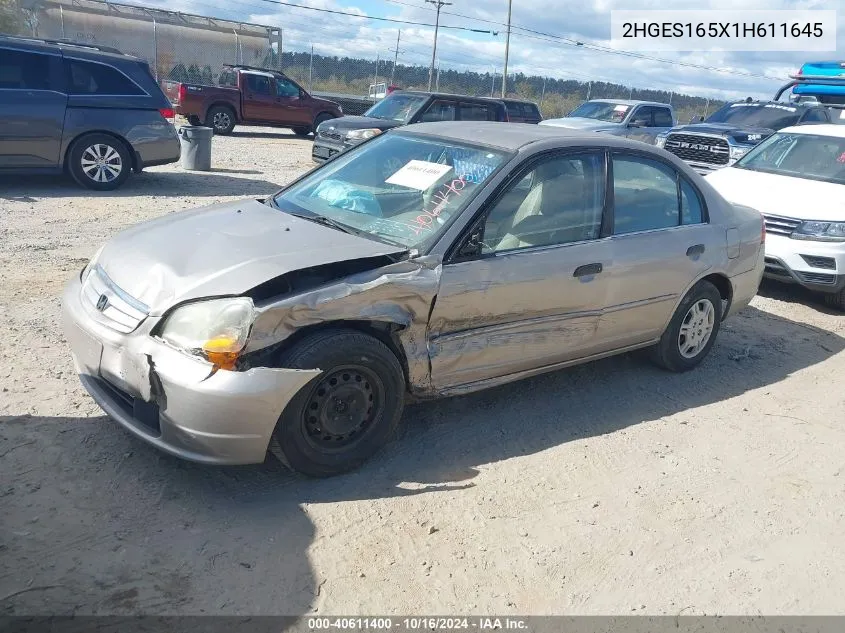 2001 Honda Civic Lx VIN: 2HGES165X1H611645 Lot: 40611400