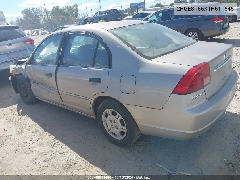 2001 Honda Civic Lx VIN: 2HGES165X1H611645 Lot: 40611400