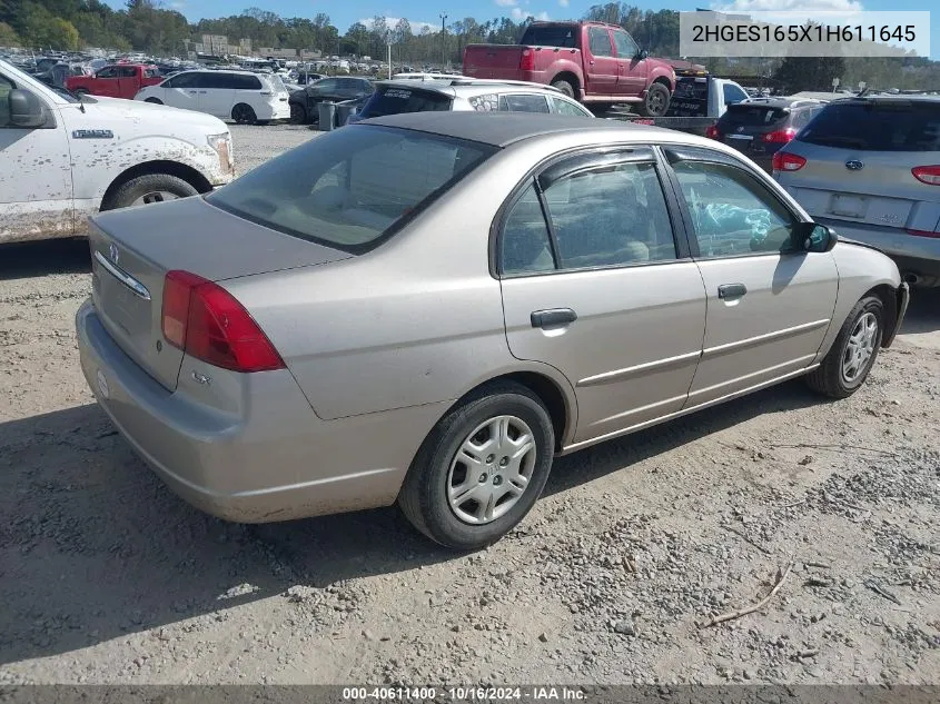 2001 Honda Civic Lx VIN: 2HGES165X1H611645 Lot: 40611400