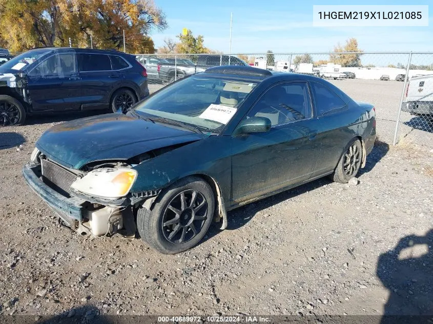 2001 Honda Civic Ex VIN: 1HGEM219X1L021085 Lot: 40689972