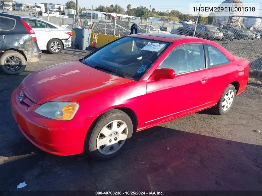 2001 Honda Civic Ex VIN: 1HGEM22951L001518 Lot: 40703238