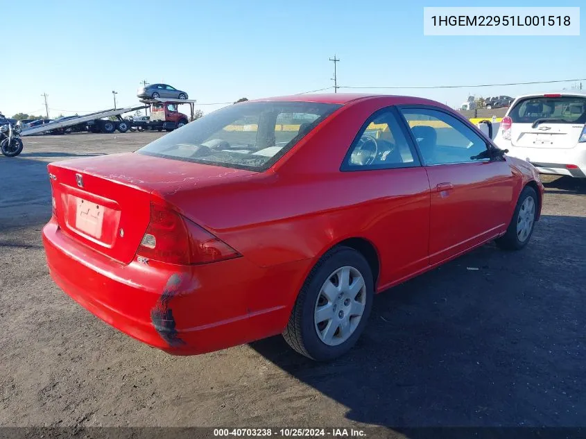 2001 Honda Civic Ex VIN: 1HGEM22951L001518 Lot: 40703238