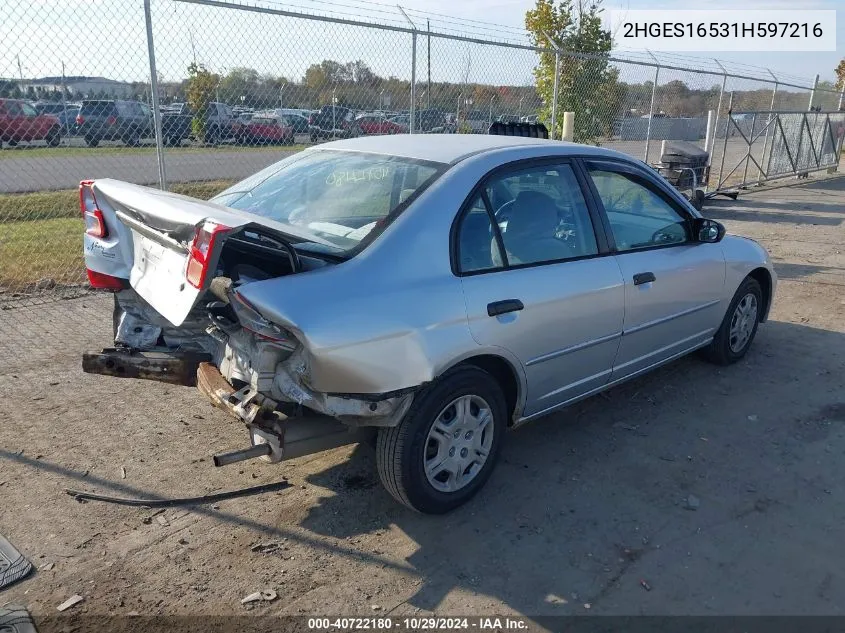 2001 Honda Civic Lx VIN: 2HGES16531H597216 Lot: 40722180