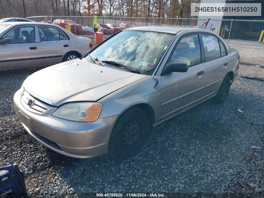 2001 Honda Civic Lx VIN: 2HGES16581H510250 Lot: 40785520