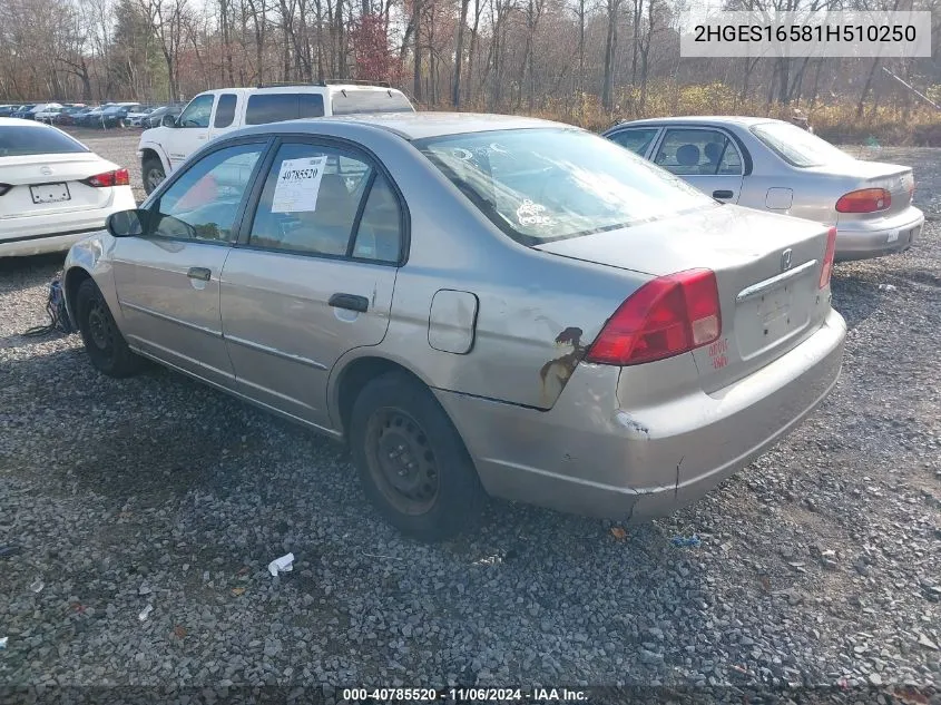 2001 Honda Civic Lx VIN: 2HGES16581H510250 Lot: 40785520