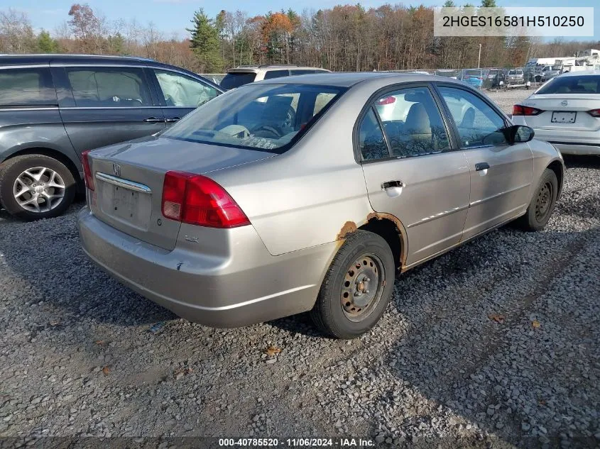 2001 Honda Civic Lx VIN: 2HGES16581H510250 Lot: 40785520