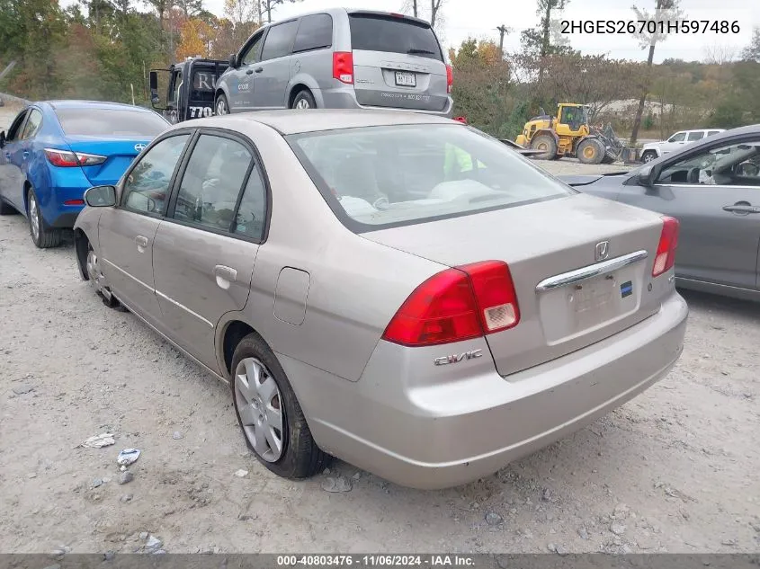 2001 Honda Civic Ex VIN: 2HGES26701H597486 Lot: 40803476