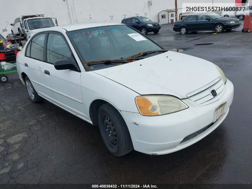 2001 Honda Civic Lx VIN: 2HGES15571H600877 Lot: 40838432