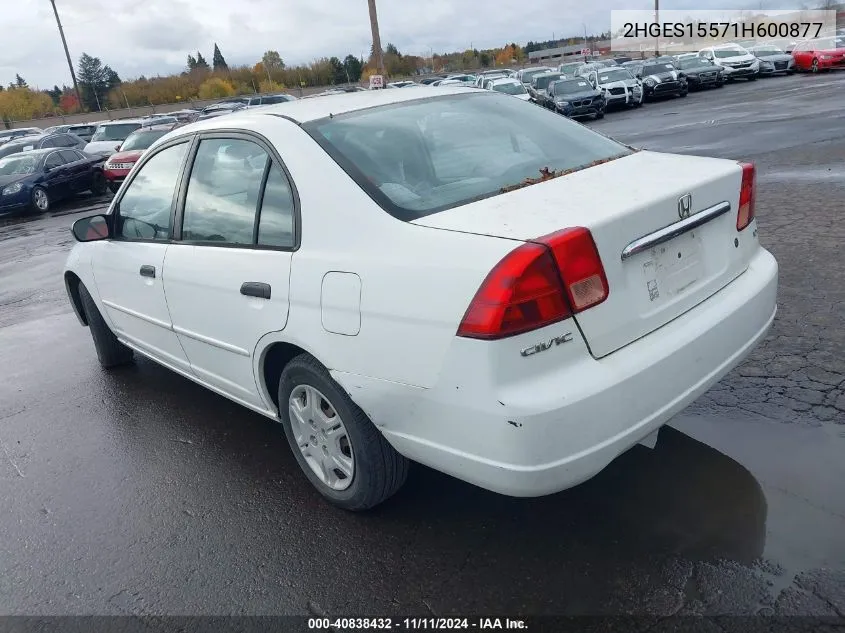 2001 Honda Civic Lx VIN: 2HGES15571H600877 Lot: 40838432