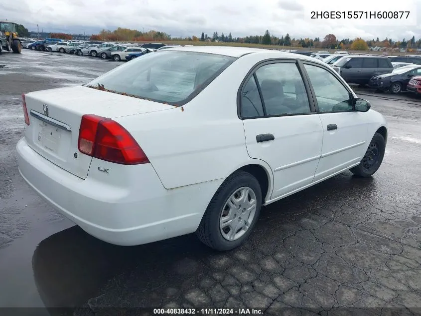 2001 Honda Civic Lx VIN: 2HGES15571H600877 Lot: 40838432