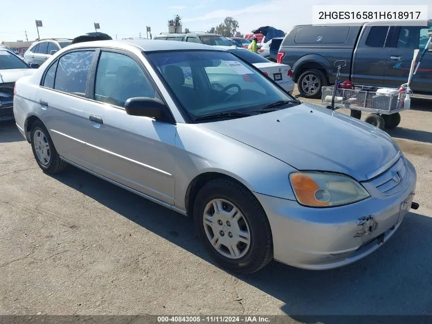 2001 Honda Civic Lx VIN: 2HGES16581H618917 Lot: 40843005