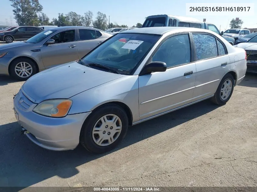 2001 Honda Civic Lx VIN: 2HGES16581H618917 Lot: 40843005