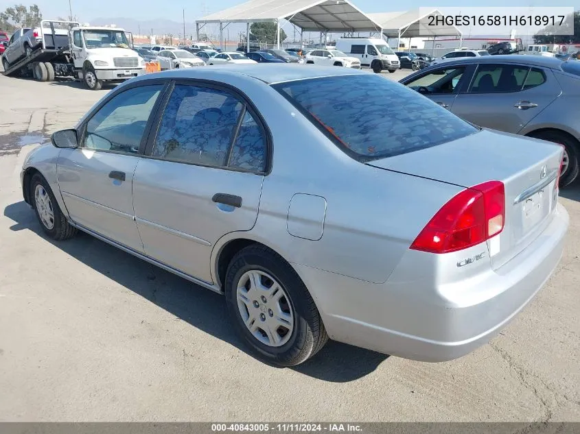 2001 Honda Civic Lx VIN: 2HGES16581H618917 Lot: 40843005