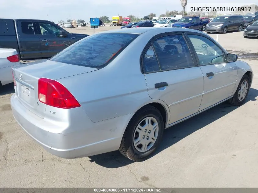 2001 Honda Civic Lx VIN: 2HGES16581H618917 Lot: 40843005