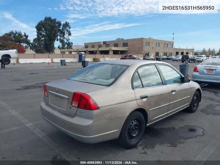 2001 Honda Civic Lx VIN: 2HGES16531H565950 Lot: 40863983