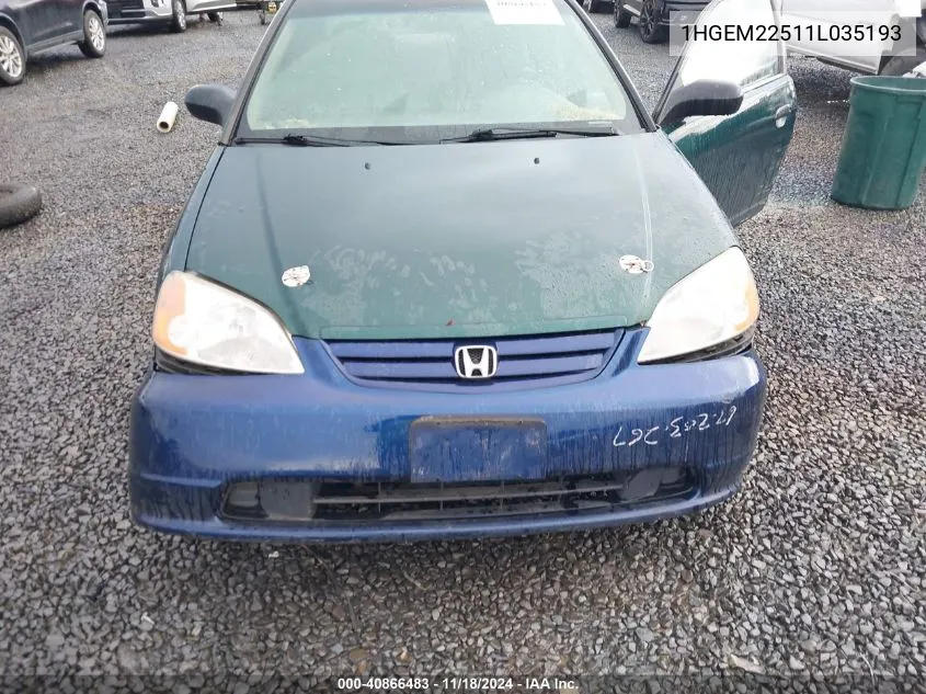 2001 Honda Civic Lx VIN: 1HGEM22511L035193 Lot: 40866483