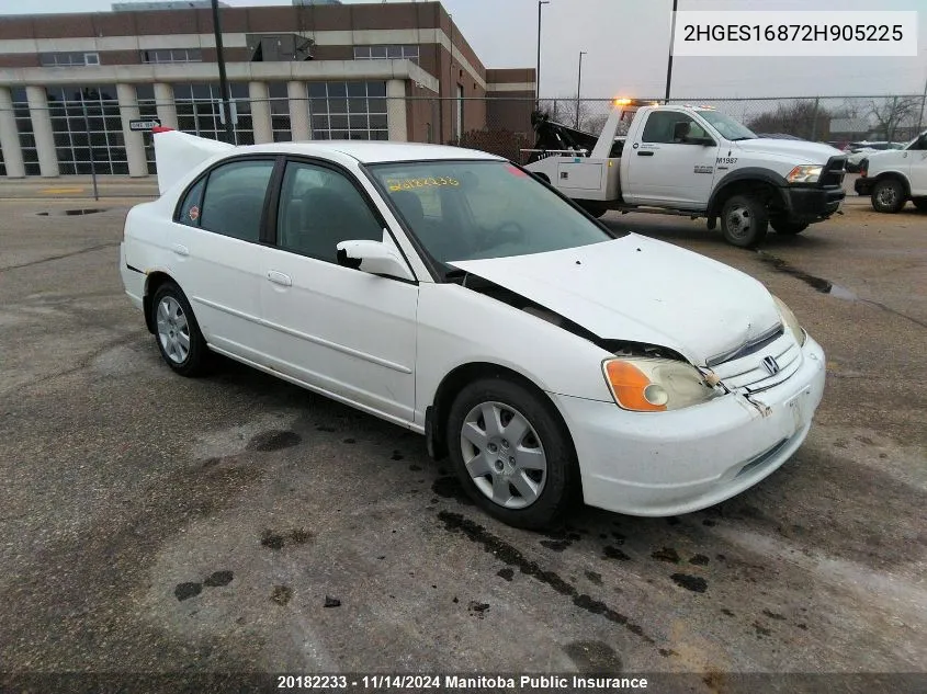 2002 Honda Civic Lx VIN: 2HGES16872H905225 Lot: 20182233