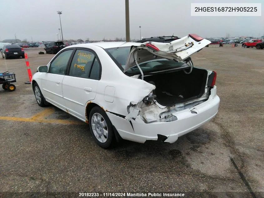 2002 Honda Civic Lx VIN: 2HGES16872H905225 Lot: 20182233