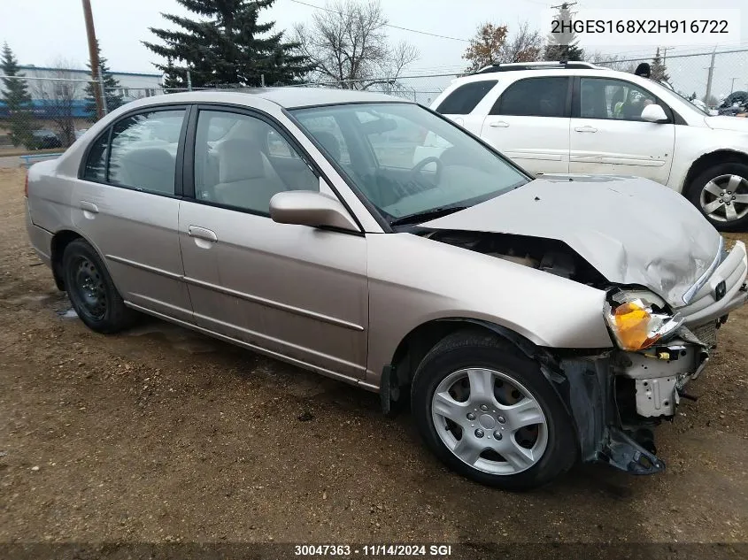 2002 Honda Civic Lx VIN: 2HGES168X2H916722 Lot: 30047363