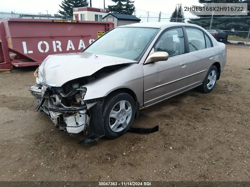 2002 Honda Civic Lx VIN: 2HGES168X2H916722 Lot: 30047363