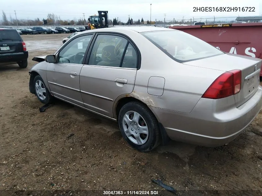 2002 Honda Civic Lx VIN: 2HGES168X2H916722 Lot: 30047363