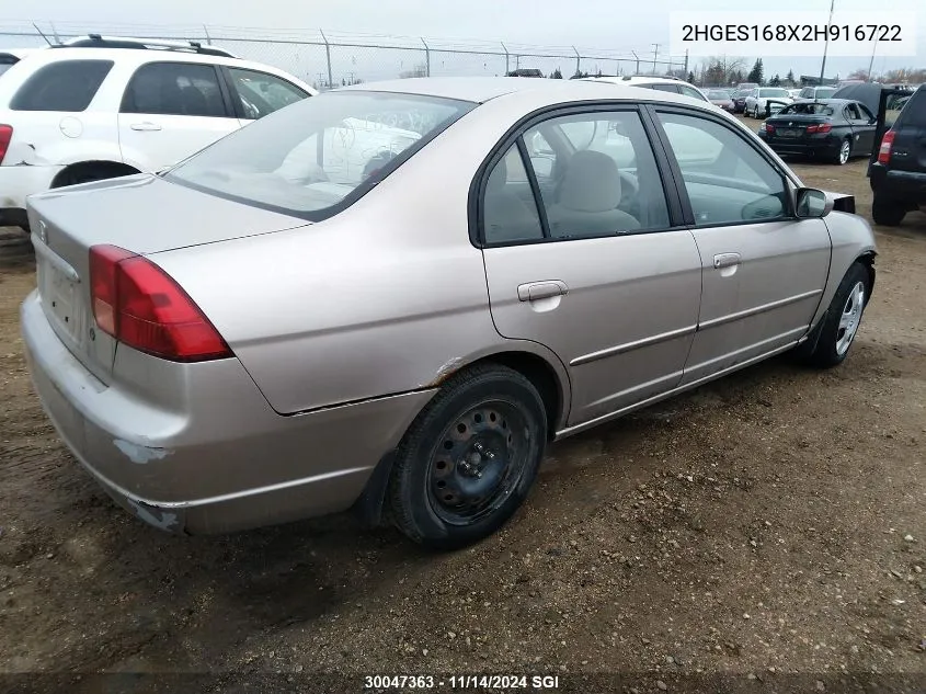 2002 Honda Civic Lx VIN: 2HGES168X2H916722 Lot: 30047363